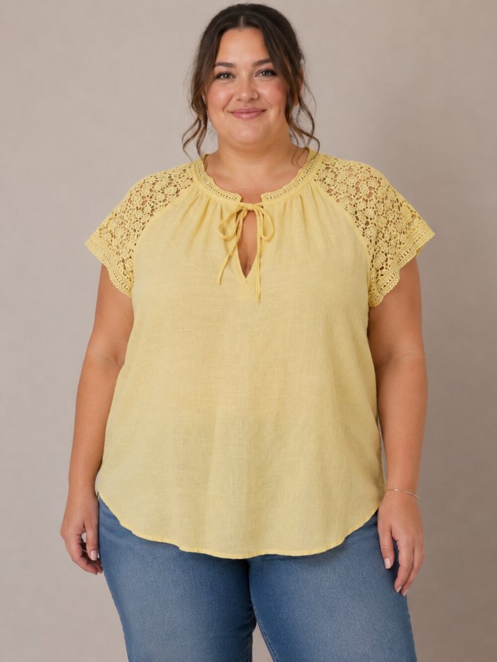 Zac & Rachel Lace Sleeve Tie-Front Blouse